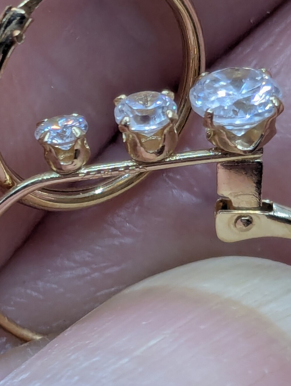 14k Yellow Gold 3 CZ Stone Diamond Simulant Drop Huggie Earrings - Picture 10 of 13